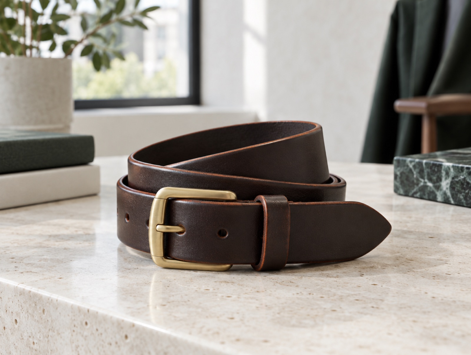 A bridle-leather belt with a brass buckle