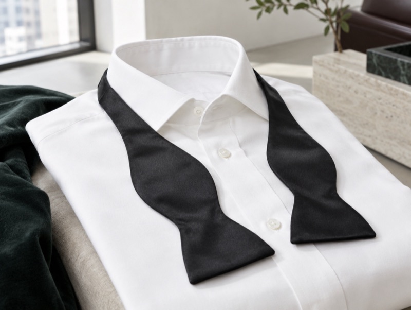 An untied black silk bow tie