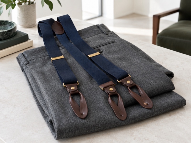 Boxcloth braces on flannel trousers