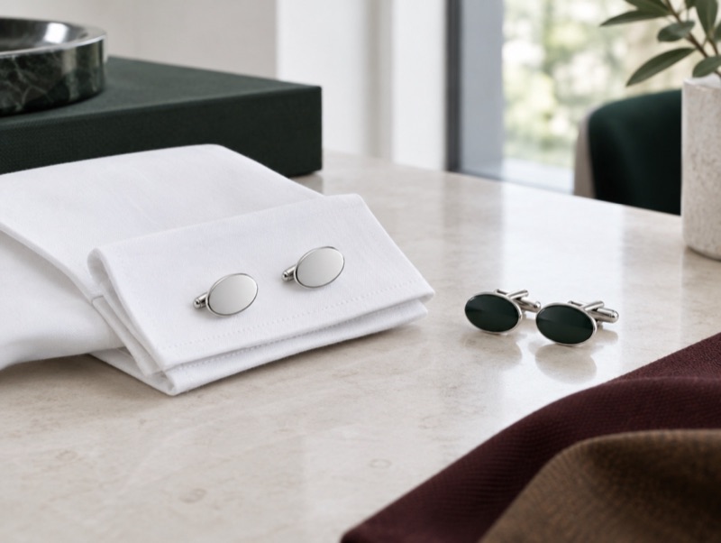 Silver cufflinks on a double cuff