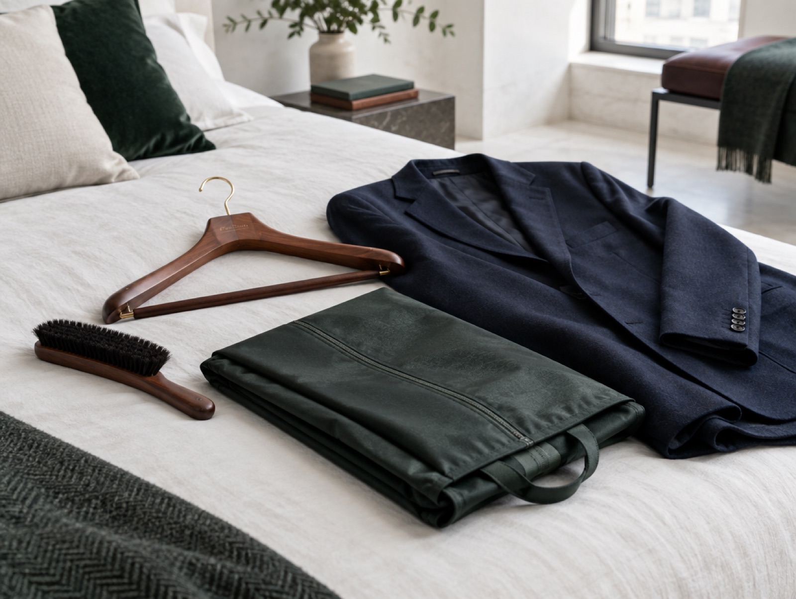 A clothes brush, cedar hanger and garment bag