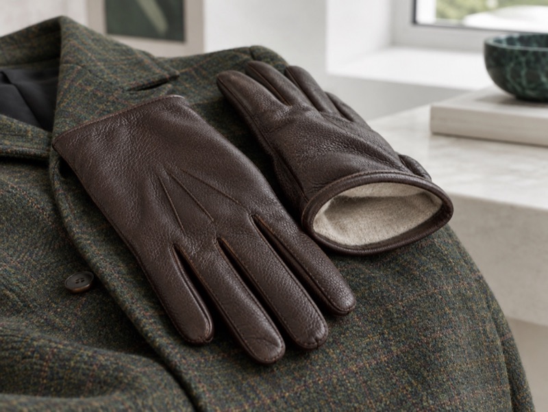 Peccary leather gloves on a tweed coat