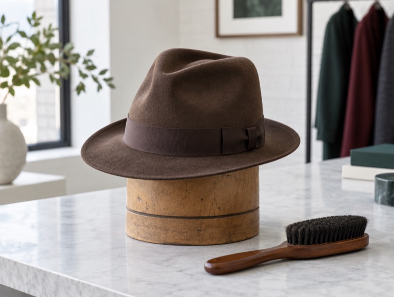 A felt fedora on a hat block