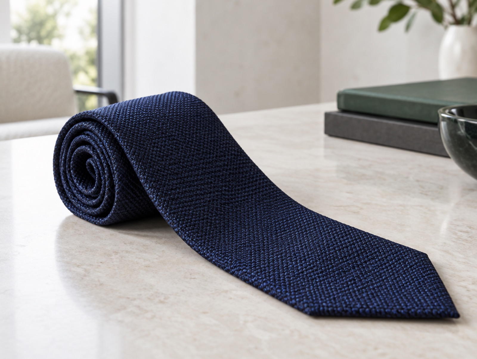 A grenadine silk tie, rolled and unrolled
