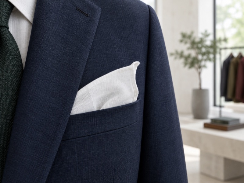 A linen pocket square with a hand-rolled edge