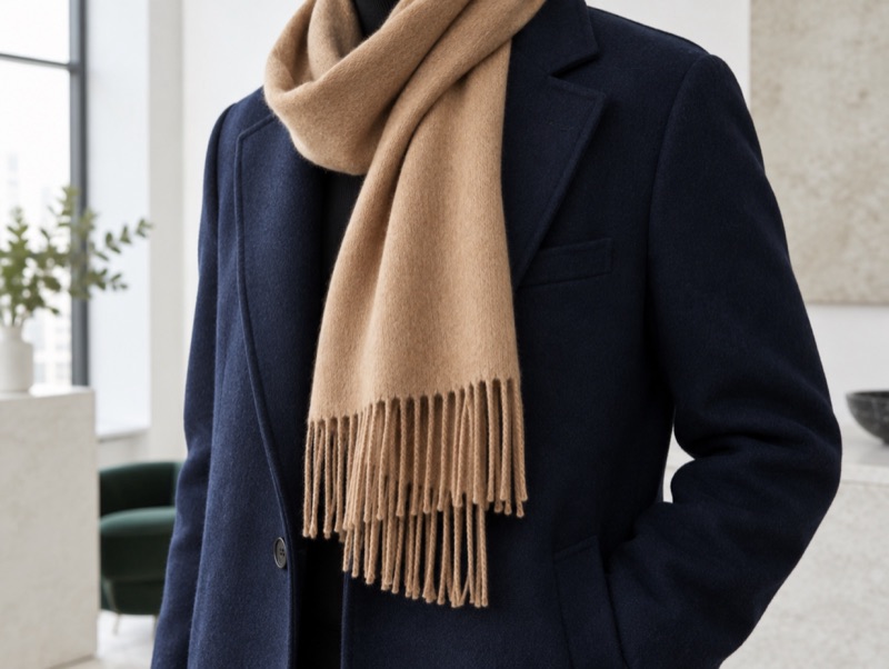 A cashmere scarf on an overcoat collar