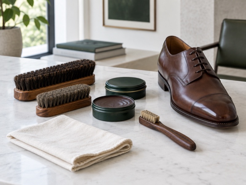Brushes, polish and cloth beside a shoe