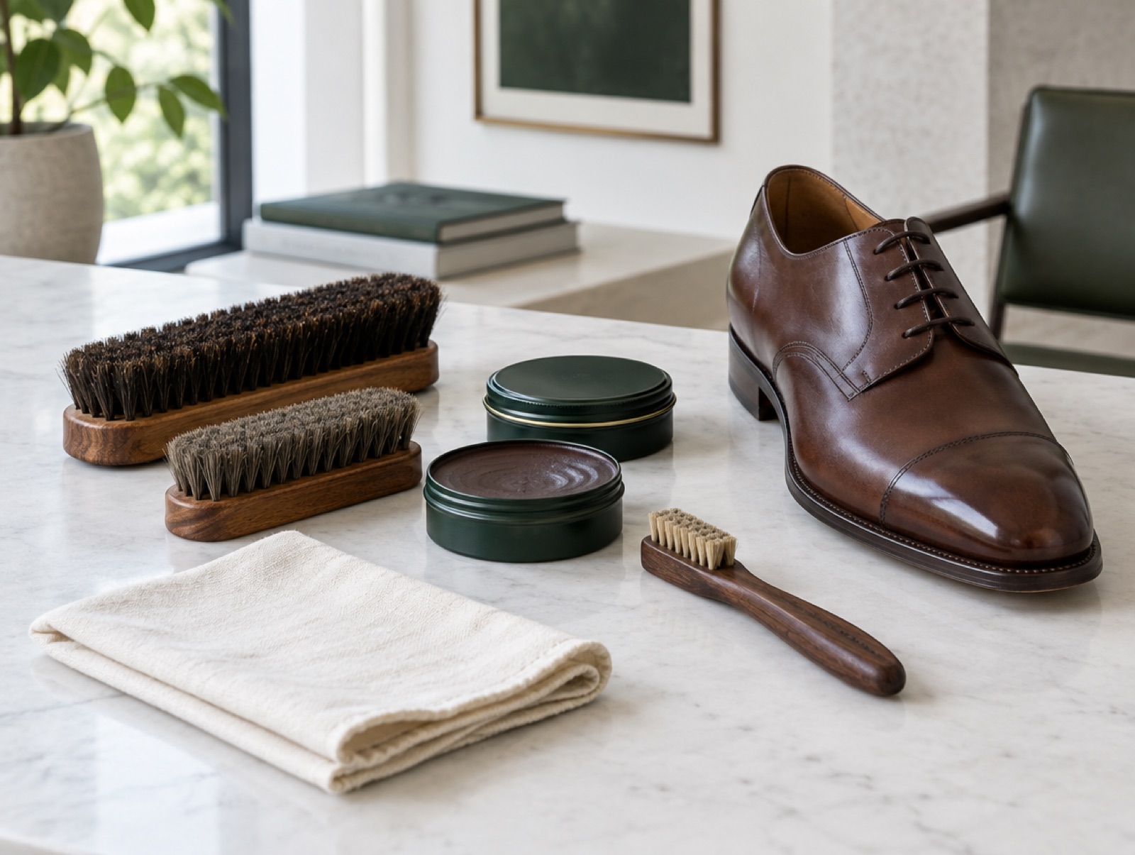 Brushes, polish and cloth beside a shoe