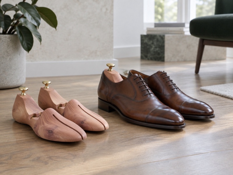Cedar shoe trees beside brown oxfords