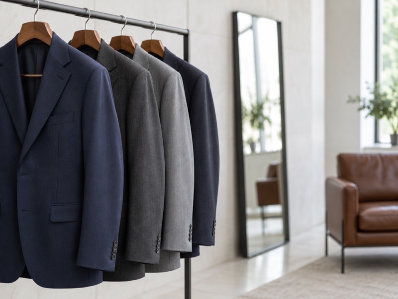 A rail of finished suits on wooden hangers