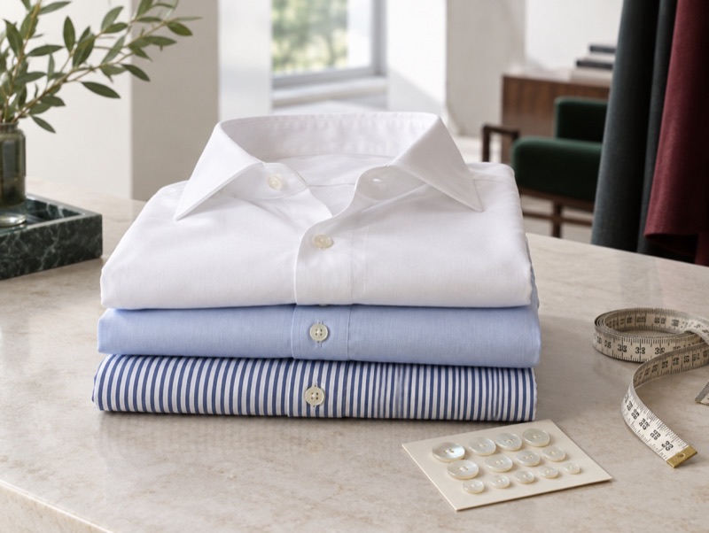 Folded shirts with a card of mother-of-pearl buttons