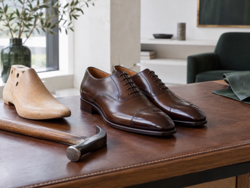 Hand-welted oxford shoes beside a wooden last