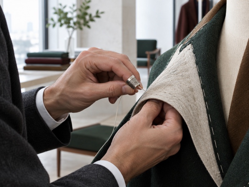 Hands pad-stitching a lapel canvas