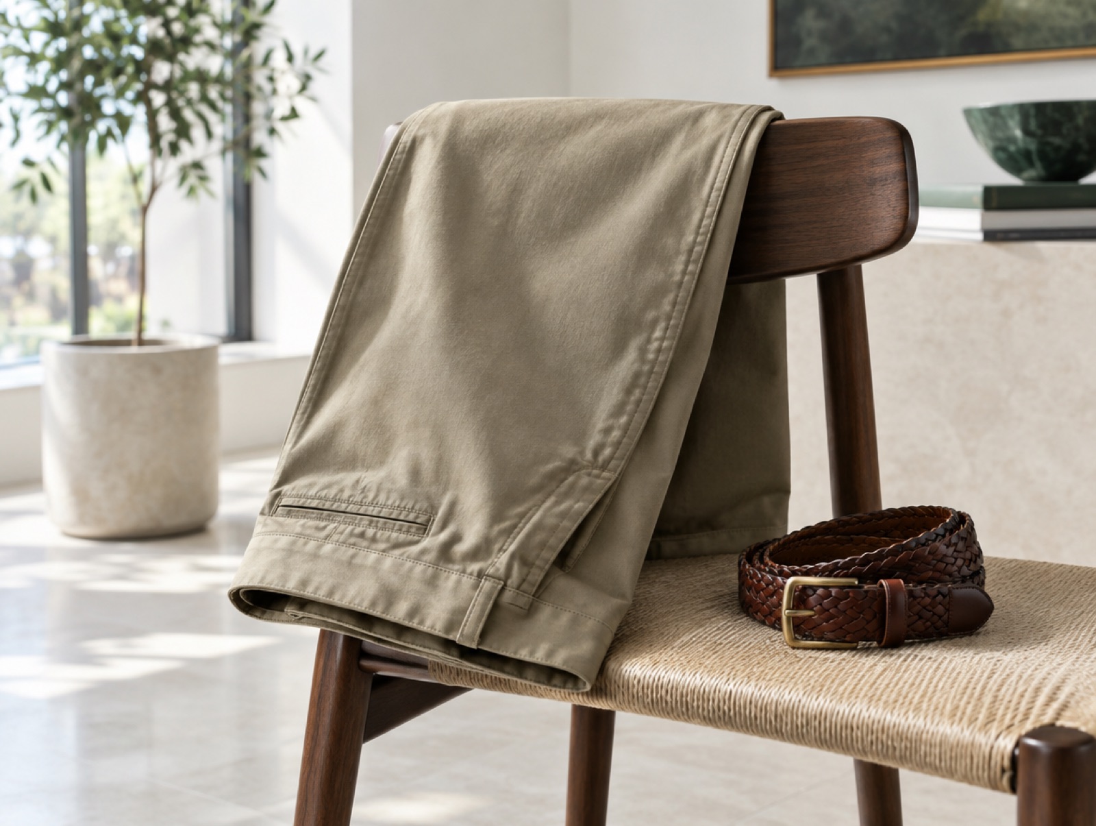 Khaki chinos over a chair