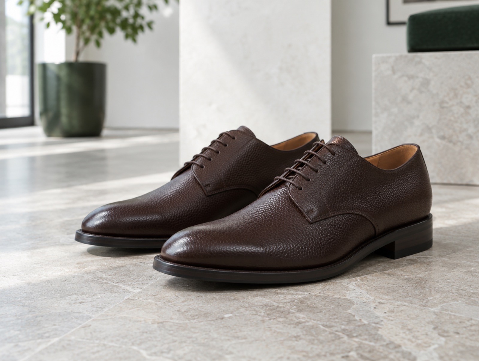 Brown derby shoes with open lacing