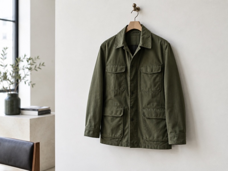 An olive field jacket on a hook
