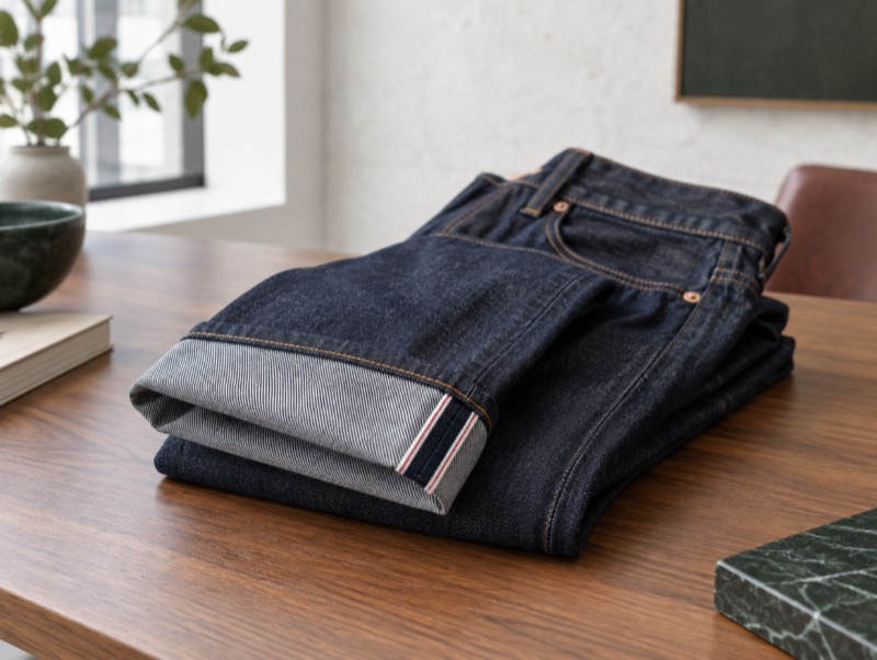 Raw selvedge jeans folded at the cuff
