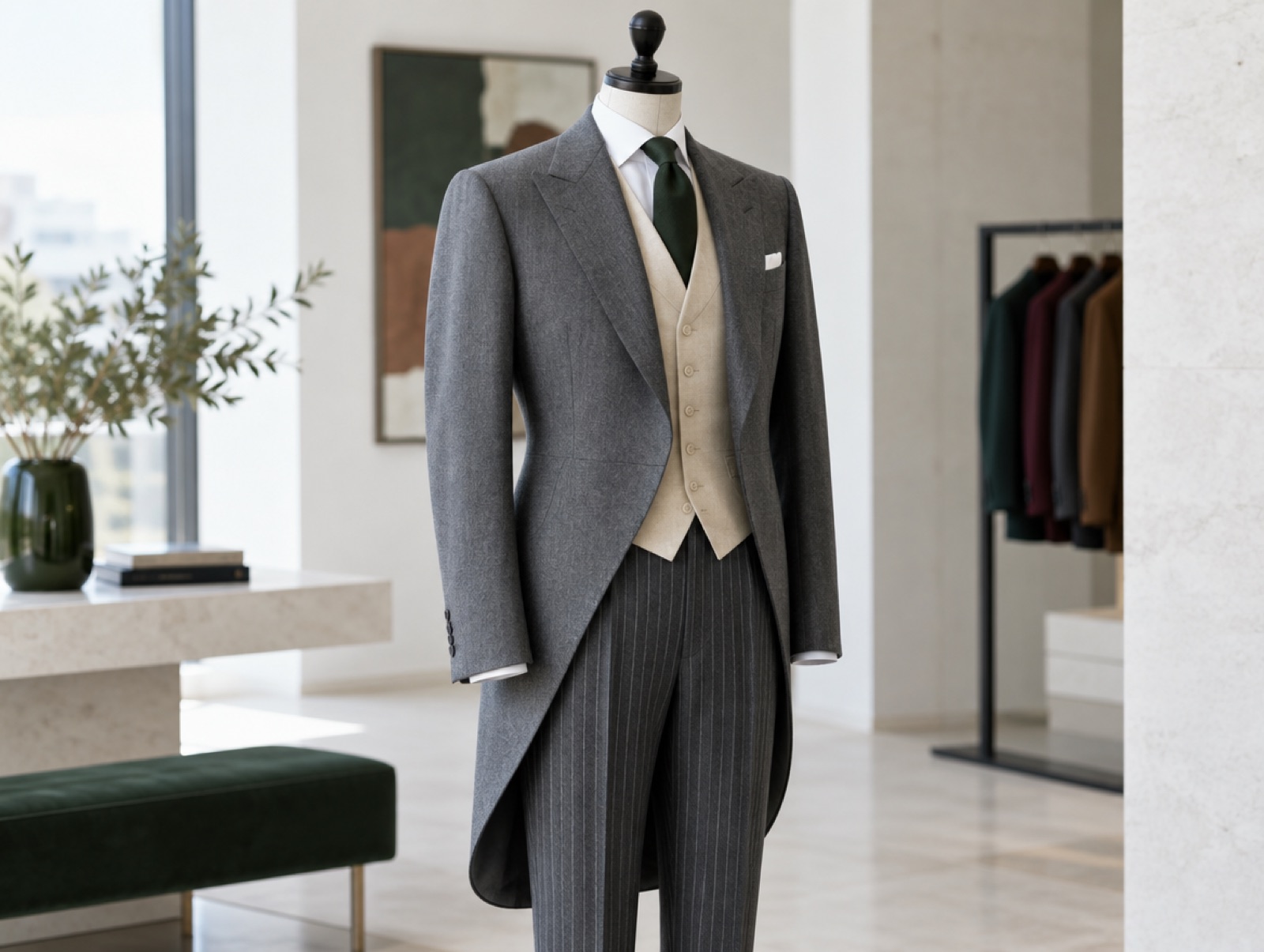 A morning coat with its curved front