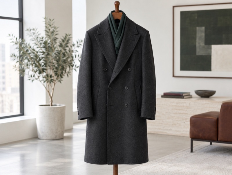 A charcoal double-breasted overcoat
