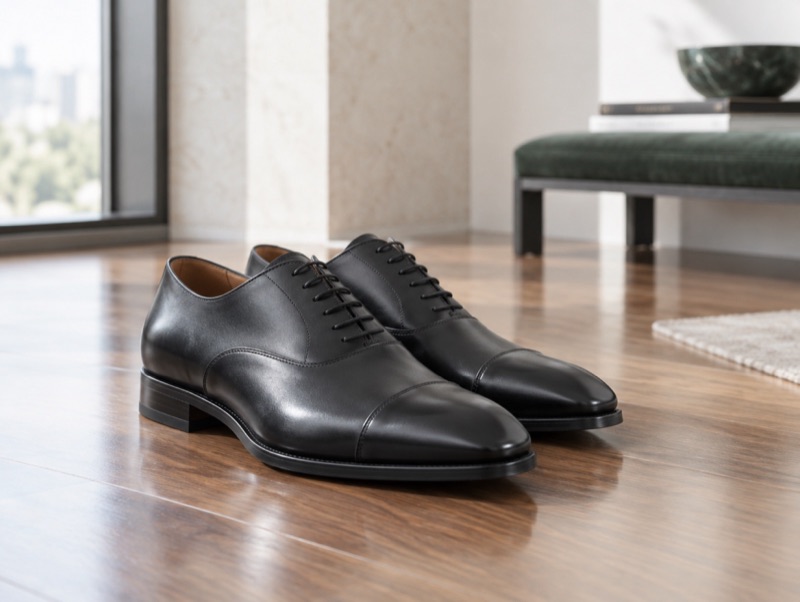 Black cap-toe oxford shoes