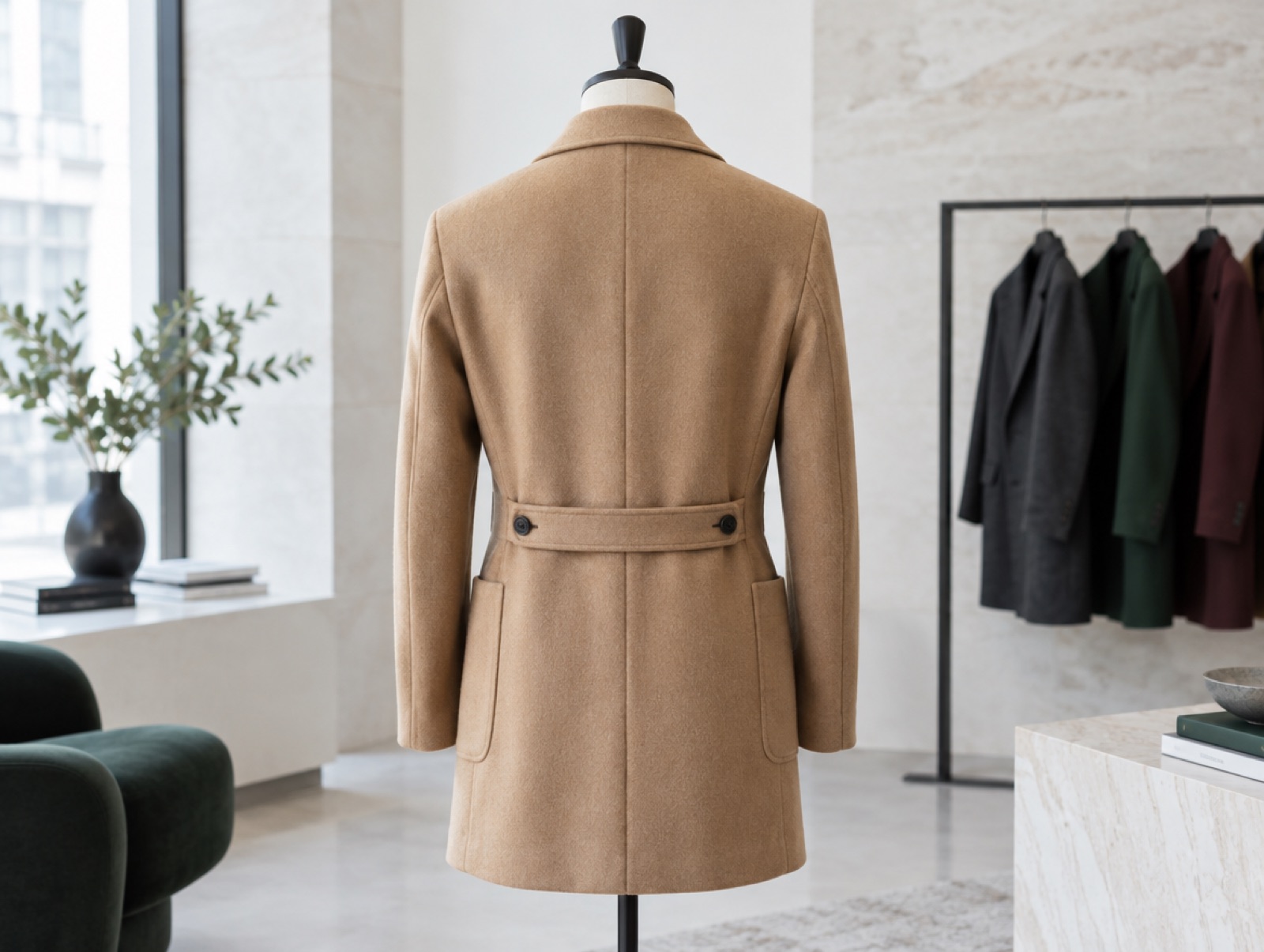 A camel polo coat from the back