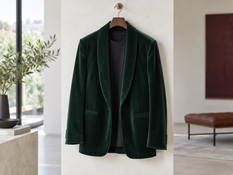 A green velvet jacket, worn modern