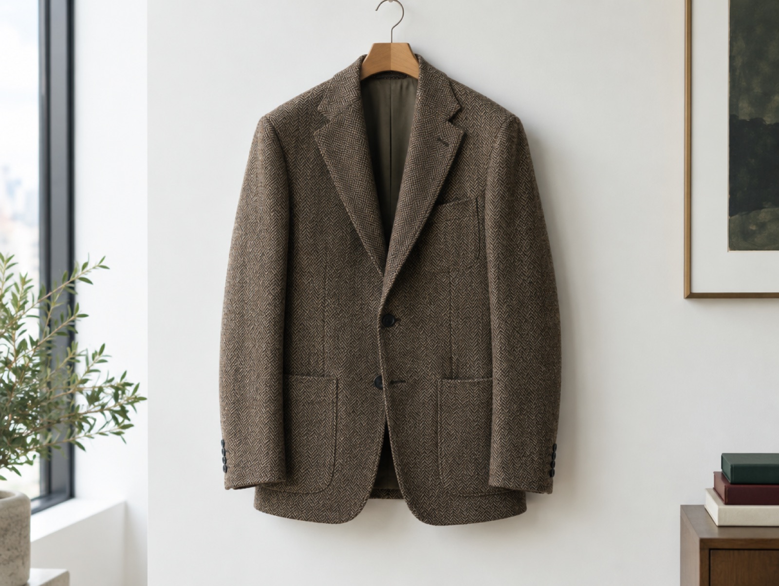 A tweed sport coat on a hanger