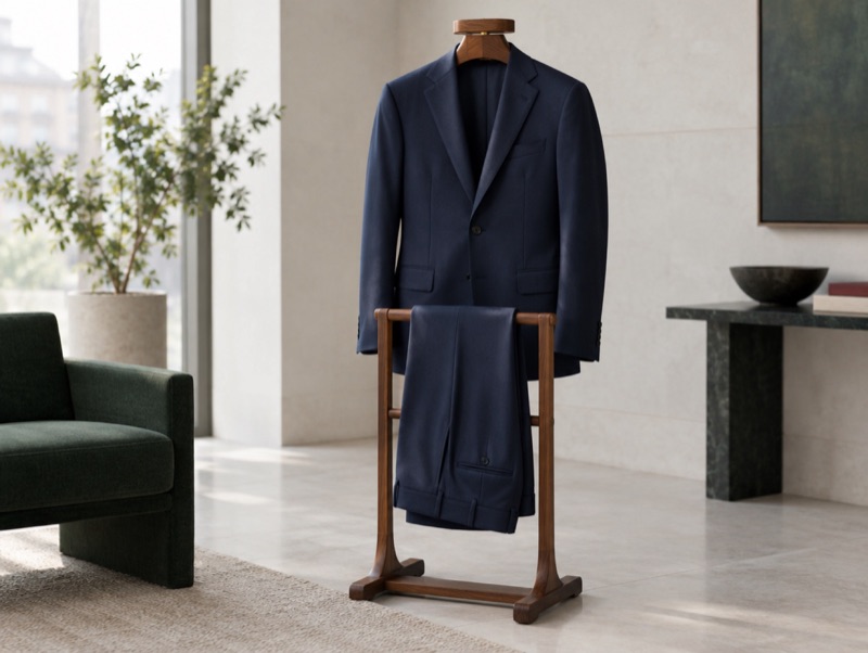 A navy suit on a valet stand