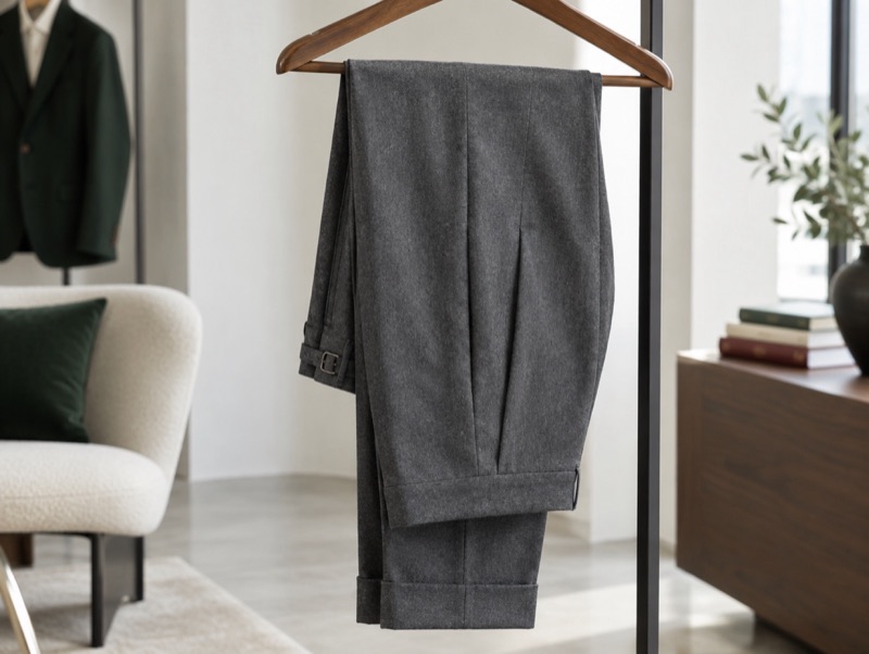 Grey flannel trousers on a hanger