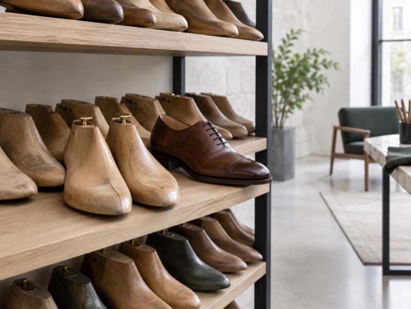 Shelves of lasts with a finished shoe