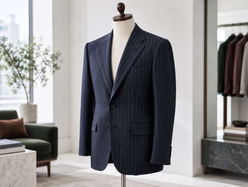 A structured chalk-stripe coat on a dummy