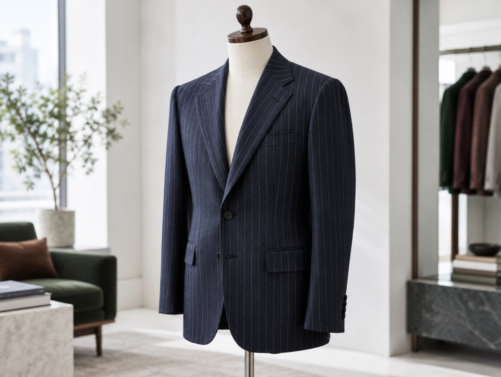 A structured chalk-stripe coat on a dummy
