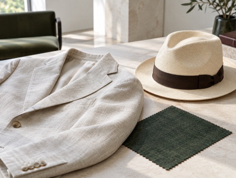 A linen jacket, fresco swatch and panama hat