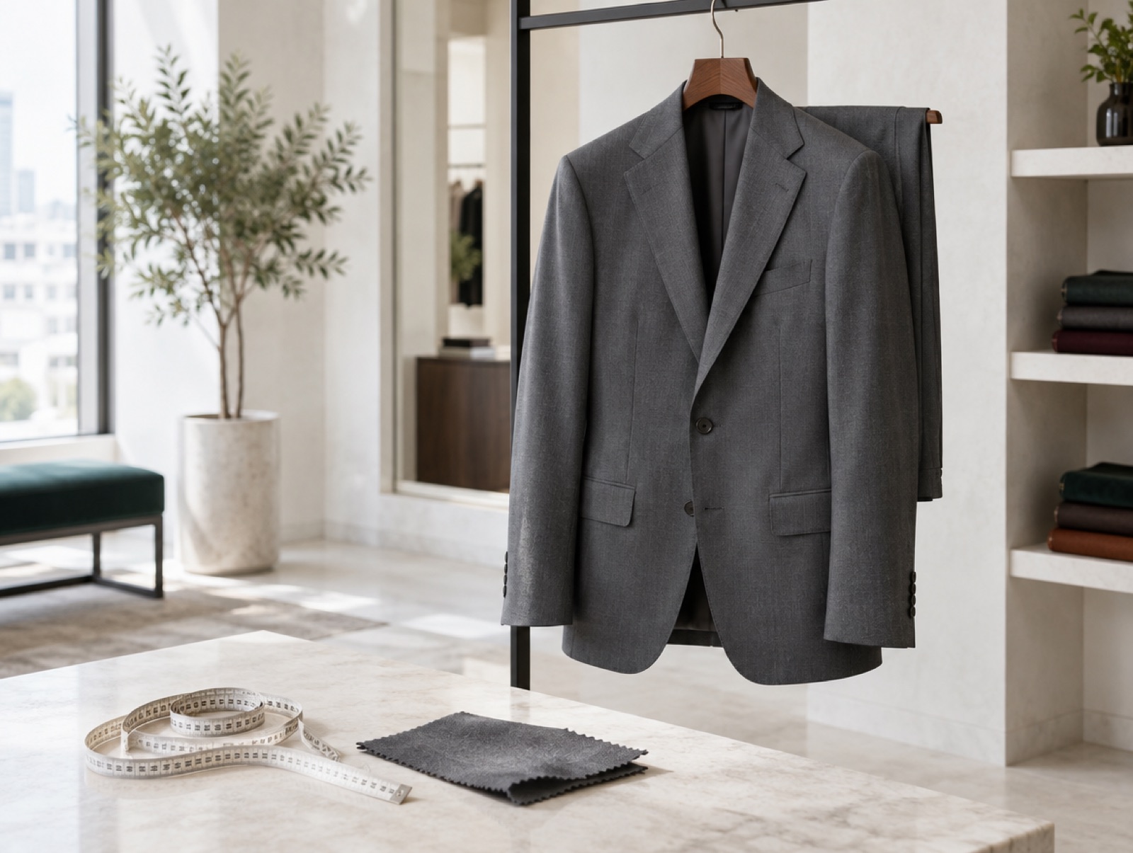A finished suit in a fitting room