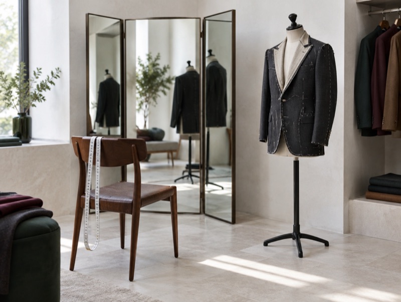 A fitting room with a basted jacket