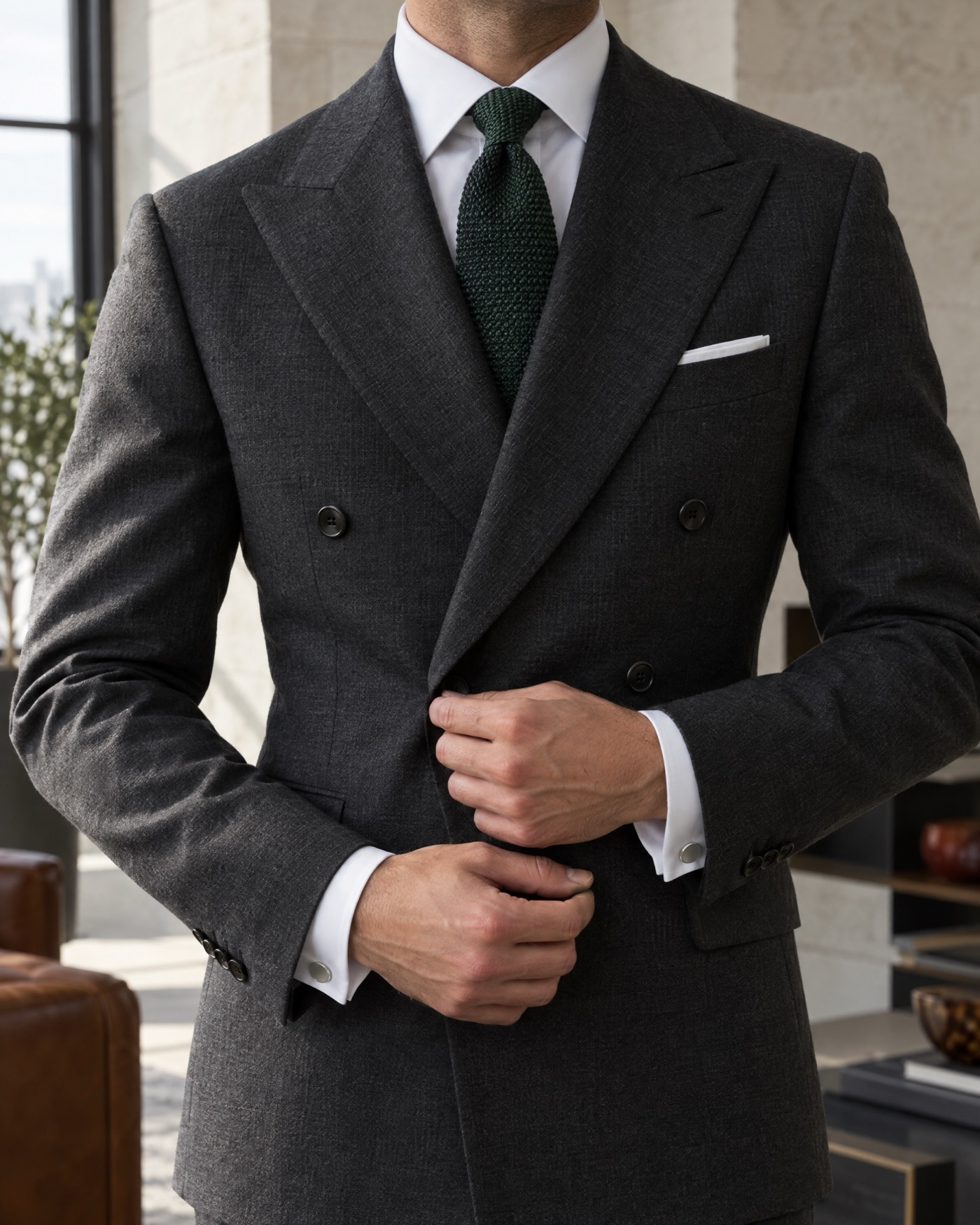 A charcoal double-breasted suit, white shirt and dark green knitted tie, one hand fastening the jacket button