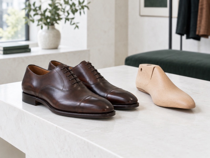 New welted oxfords beside a last