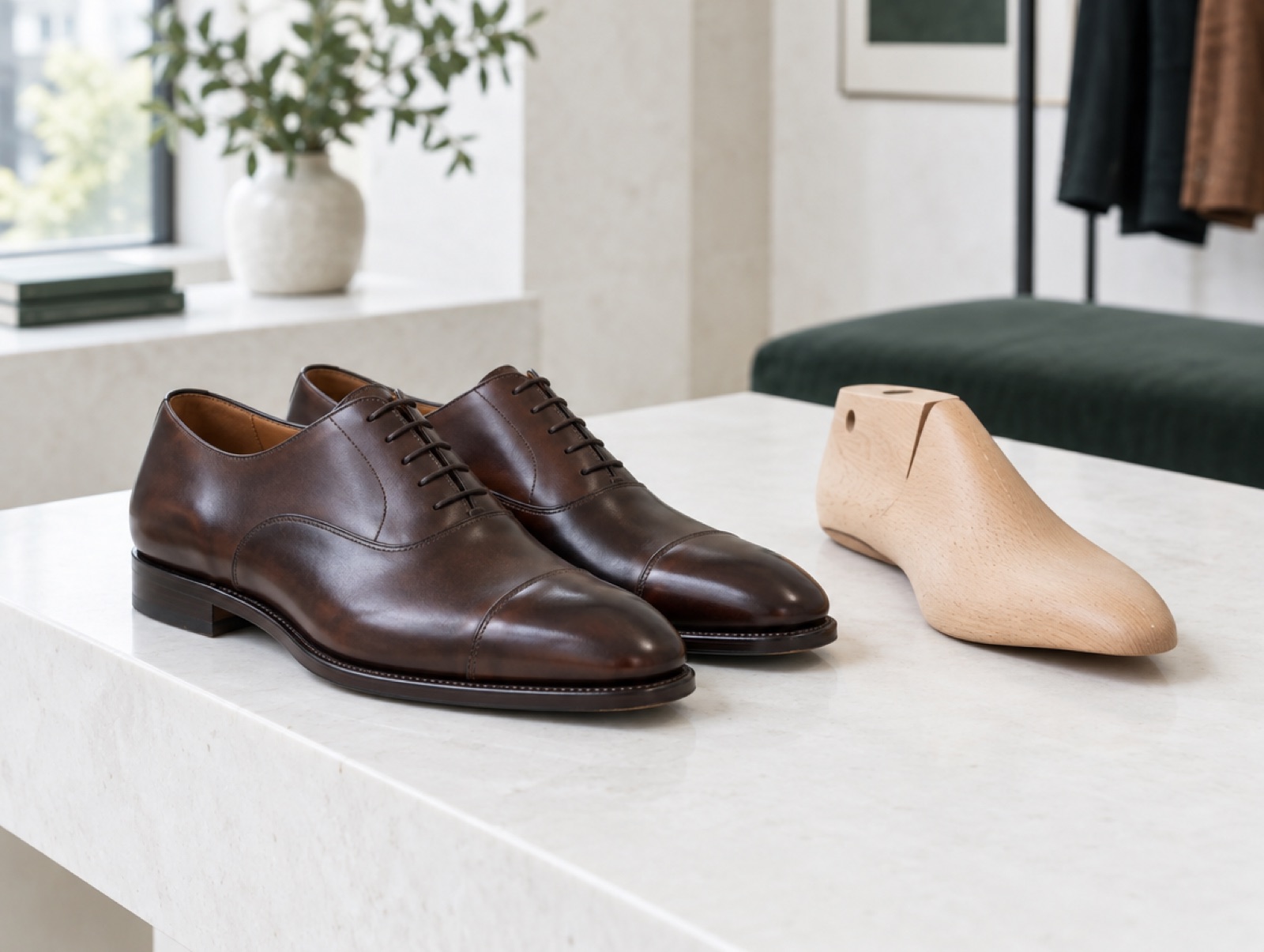 New welted oxfords beside a last