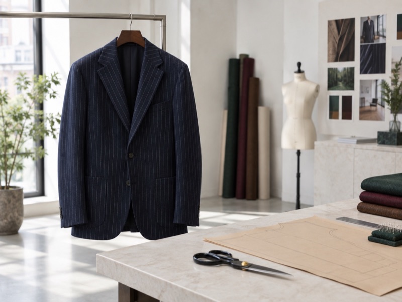 A chalk-stripe jacket in a bright cutting room