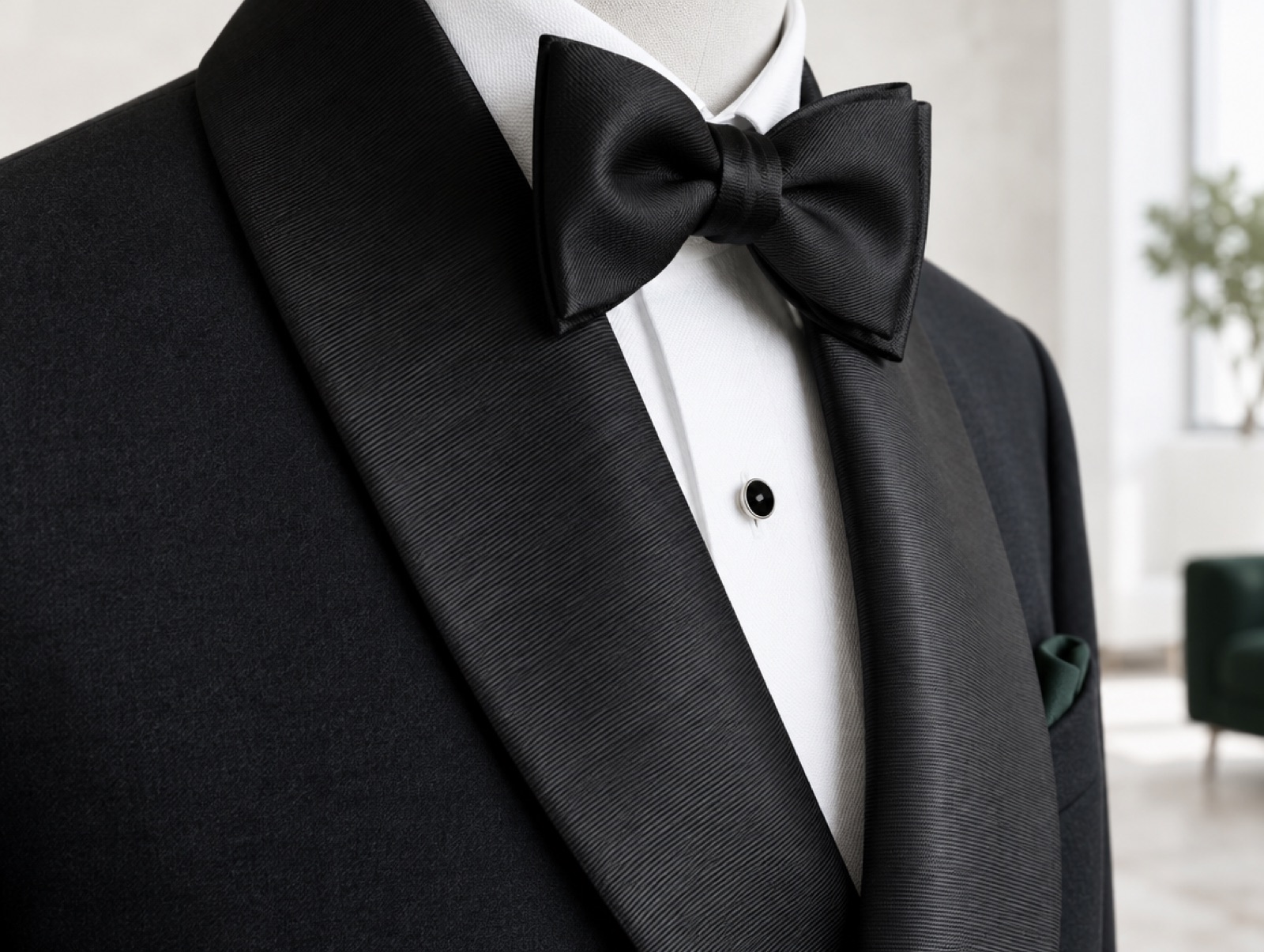 A grosgrain shawl lapel with a bow tie