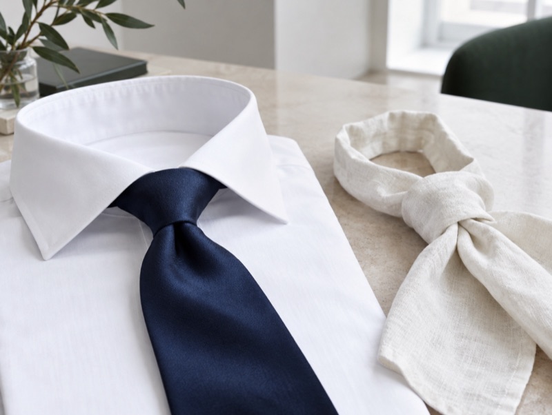 A silk tie knotted beside a linen cravat