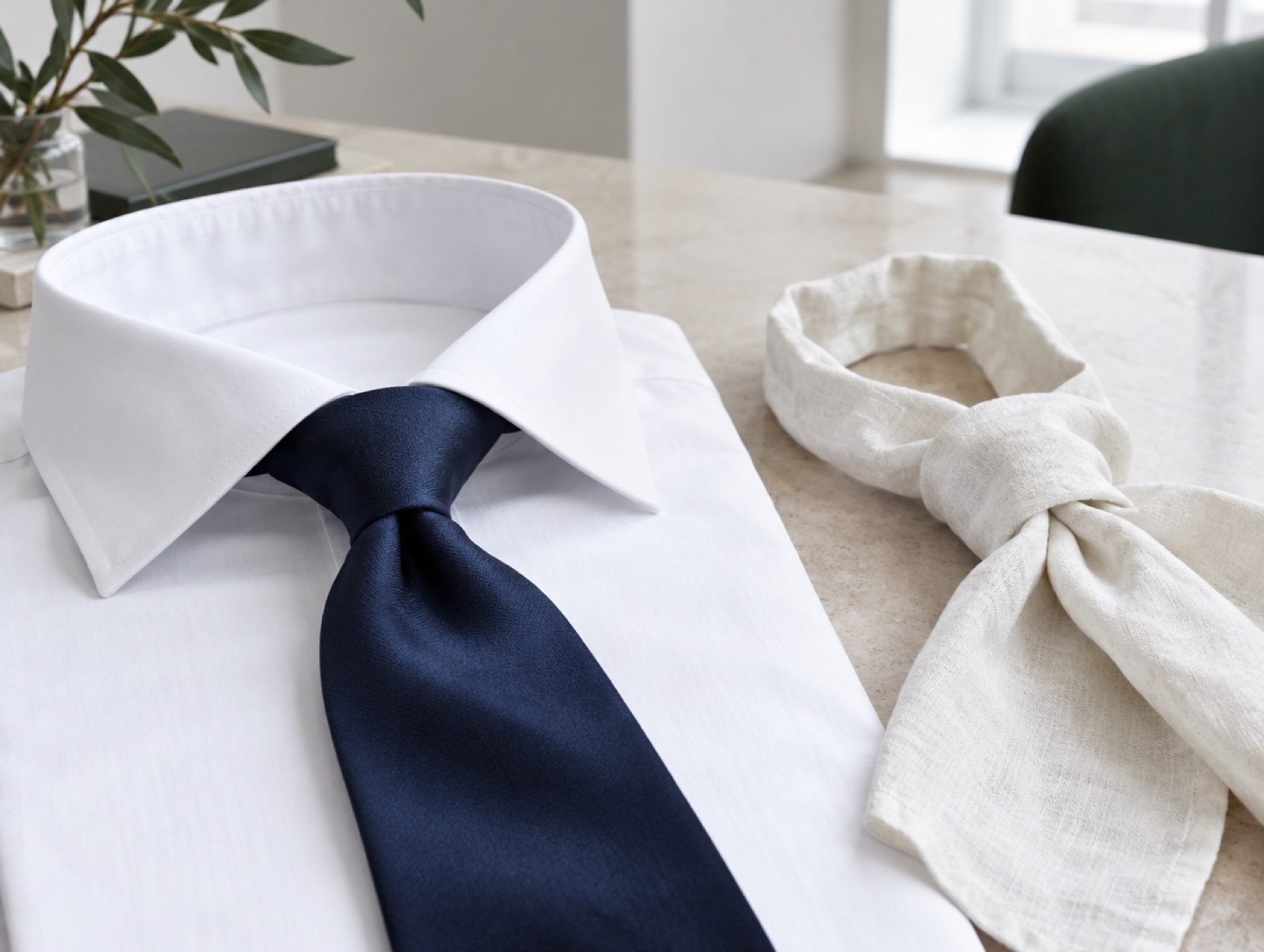 A silk tie knotted beside a linen cravat