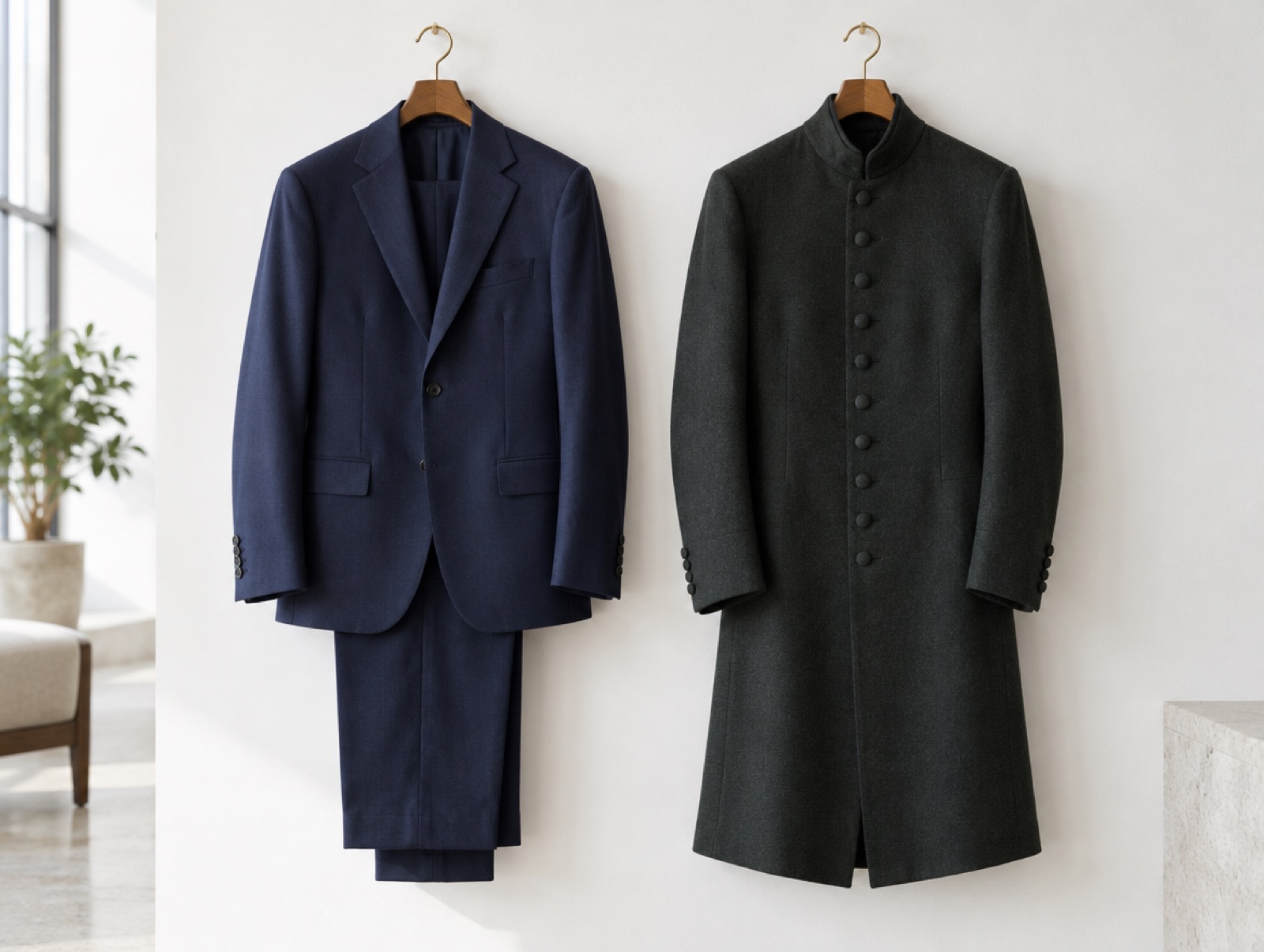 A modern suit beside a frock coat