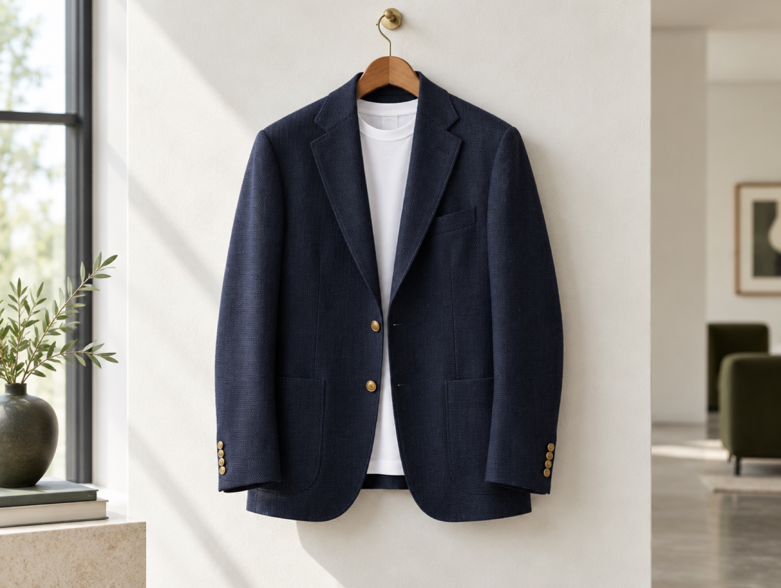 A navy blazer with brass buttons