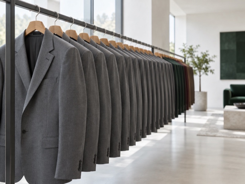 A long rail of identical suits in a showroom