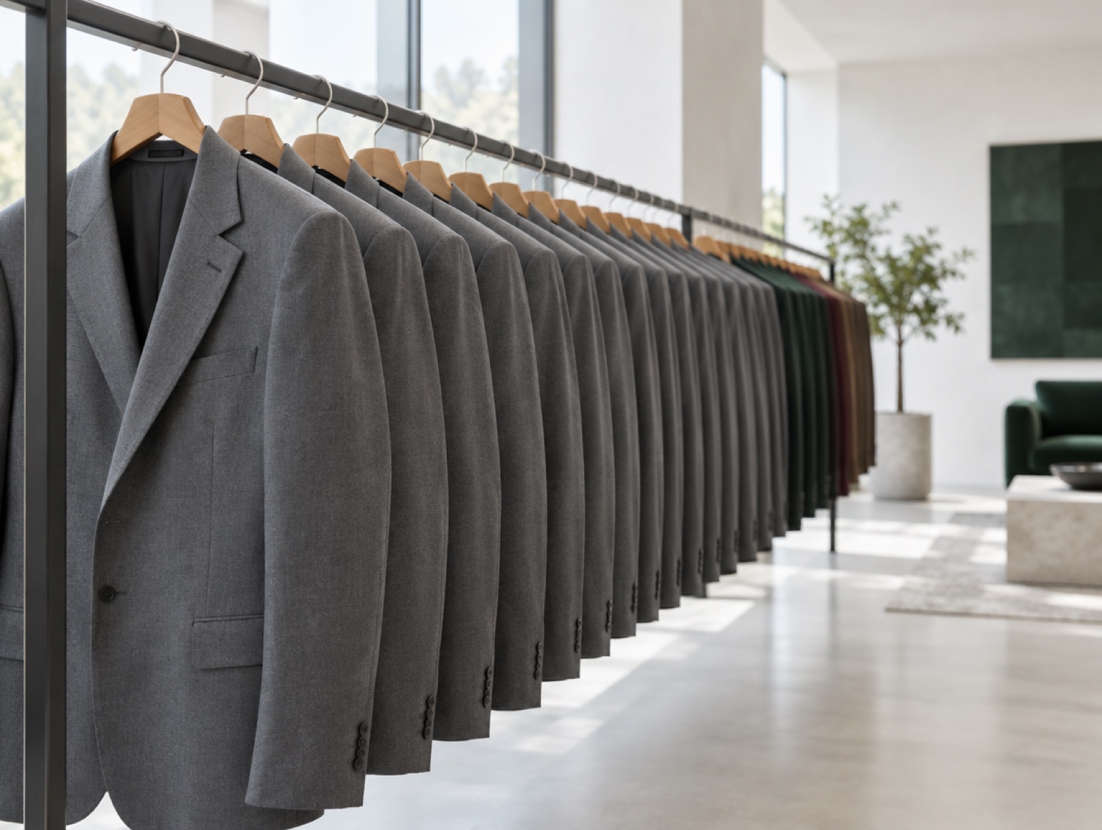 A long rail of identical suits in a showroom