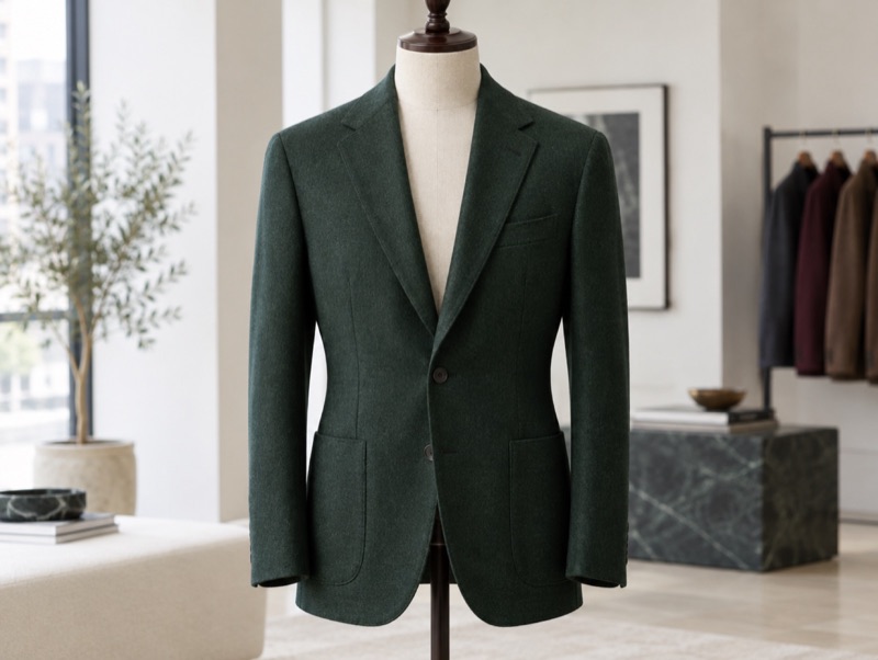 An illustration of the house's recorded cut: soft shoulder, full canvas chest, clean milanese, defined but light shoulder. Not a photograph of the house's own work.