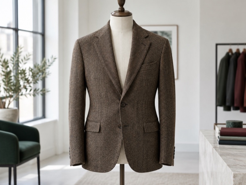 An illustration of the house's recorded cut: soft shoulder, light canvas chest, soft, close and short. Not a photograph of the house's own work.