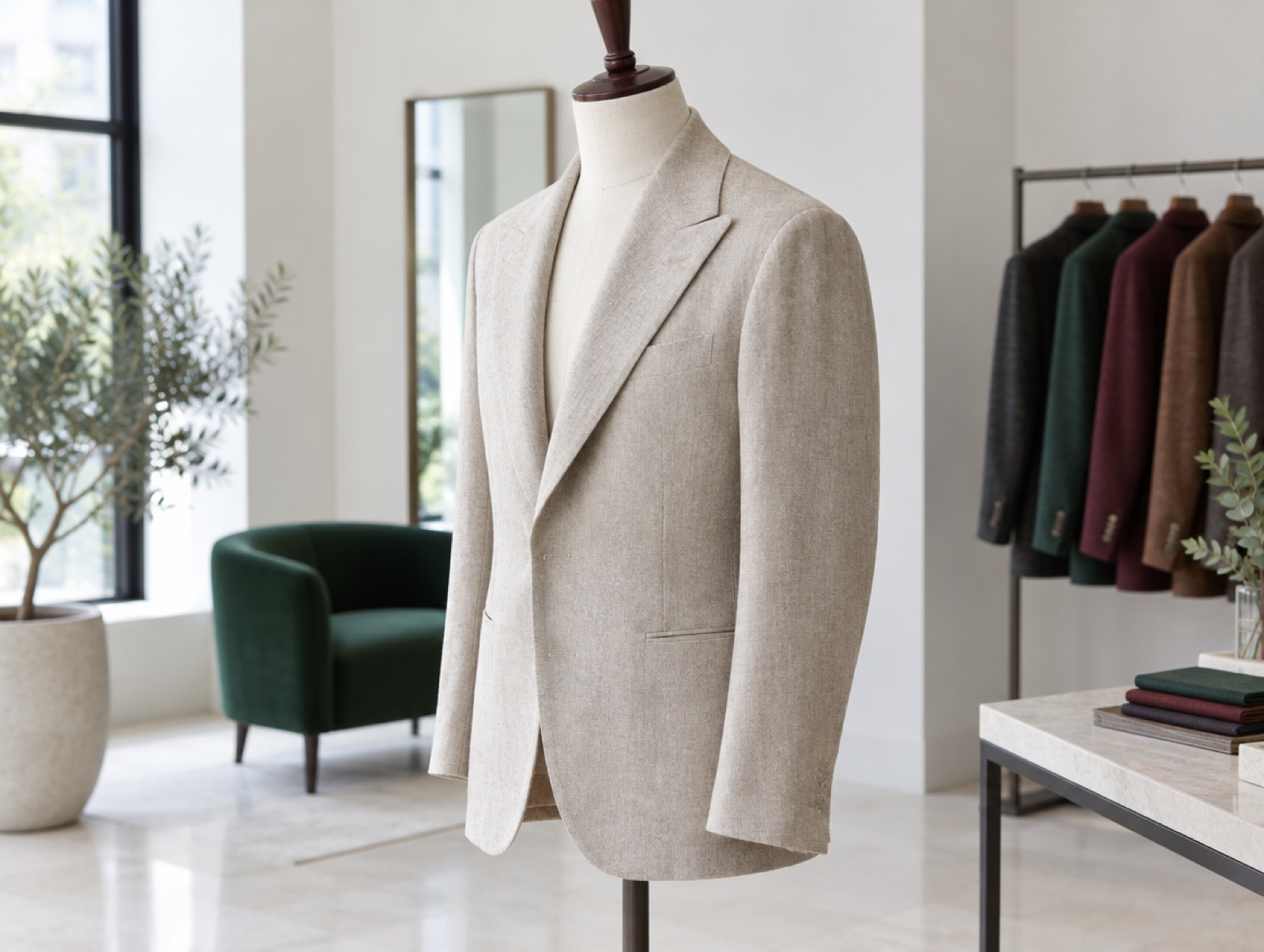 An illustration of the house's recorded cut: soft shoulder, light canvas chest, rounded, wide lapel, dartless front. Not a photograph of the house's own work.