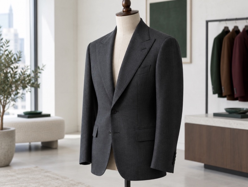 An illustration of the house's recorded cut: soft shoulder, light canvas chest, florentine: wide lapel, rounded chest. Not a photograph of the house's own work.